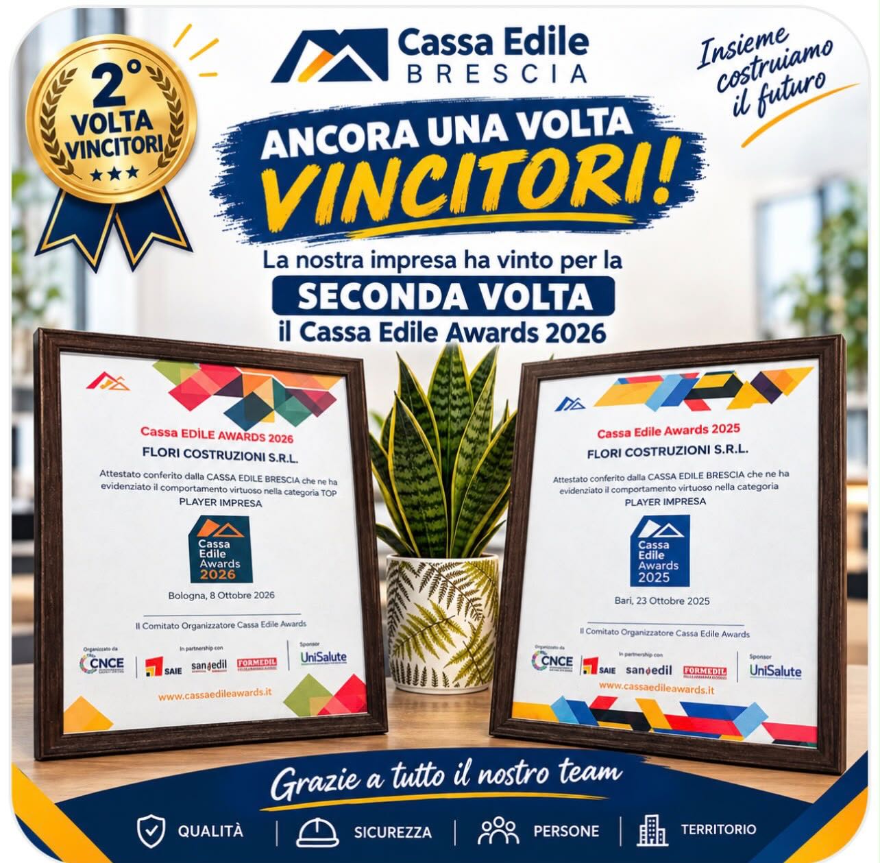 🏆 DUE VOLTE PREMIATI. UNA SOLA FILOSOFIA: COSTRUIRE CON PASSIONE.
Ci sono risultati che danno soddisfazione. E poi ci sono riconoscimenti che raccontano il valore del lavoro svolto ogni giorno.Flori Costruzioni S.r.l. conquista per la seconda volta il Cassa Edile Awards, nella categoria TOP PLAYER IMPRESA!
Un traguardo che ci rende orgogliosi e che premia il nostro impegno quotidiano, la serietà e l’attenzione con cui affrontiamo ogni progetto.